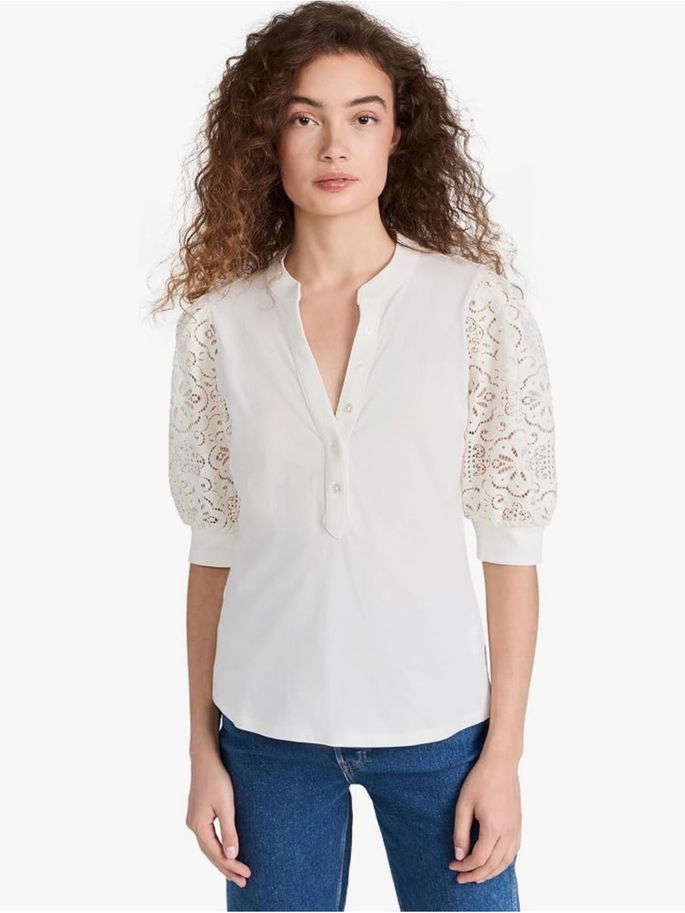 Veronica Beard White Lace Puff-Sleeve Henley Blouse